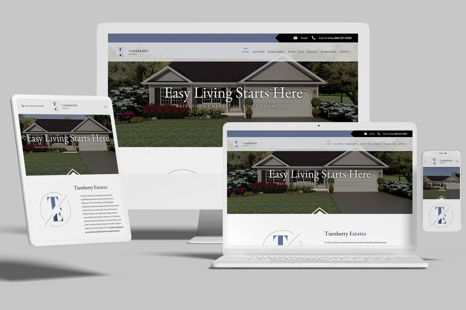 55+ community website shown on desktop, laptop, tablet and phone
