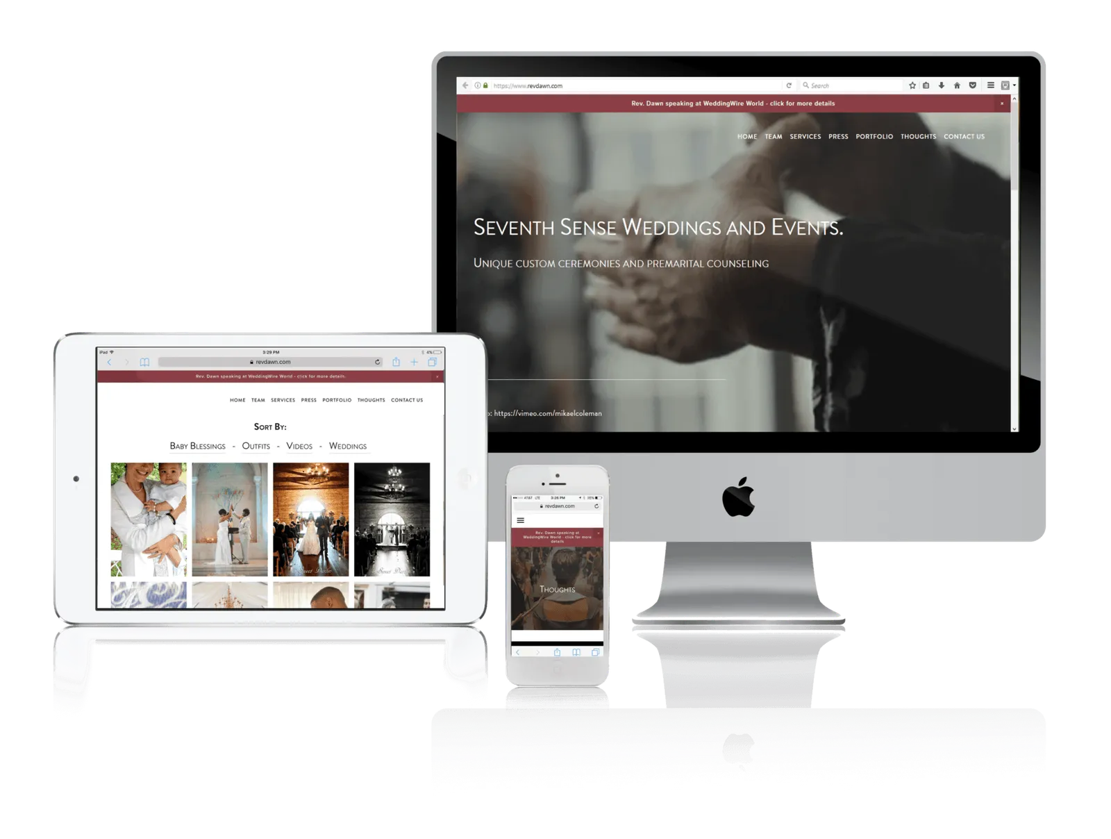 Wedding officiant website shown on desktop, laptop, tablet and phone