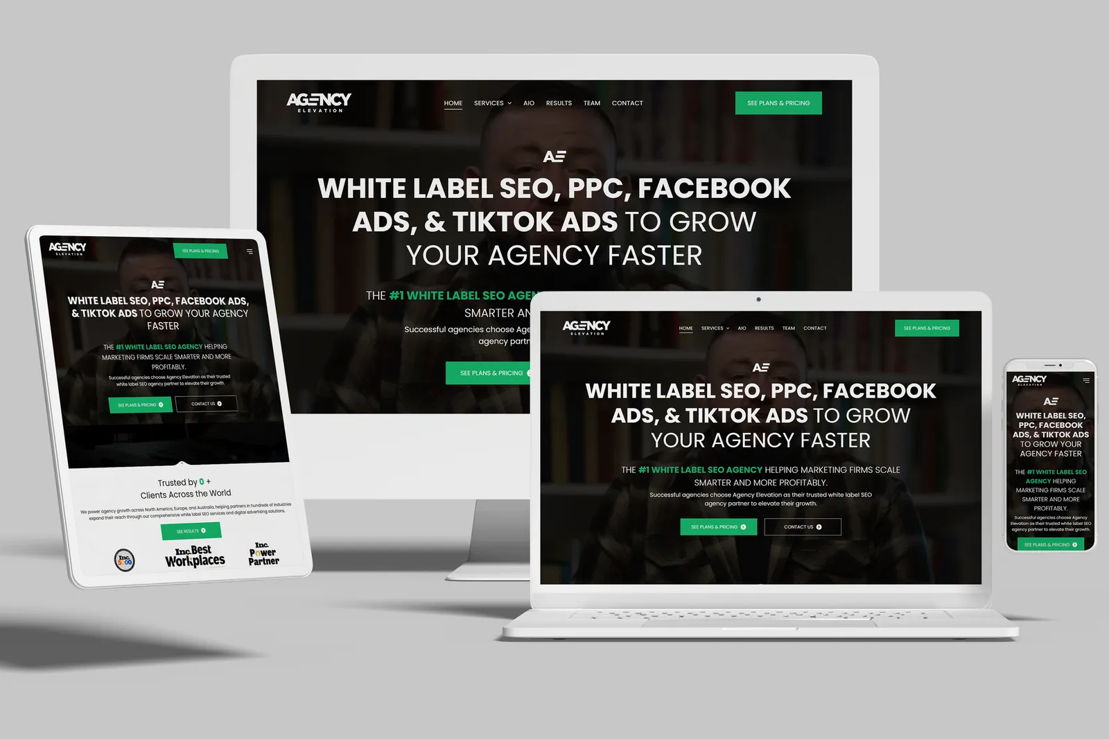 Marketing agency website shown on desktop, laptop, tablet and phone