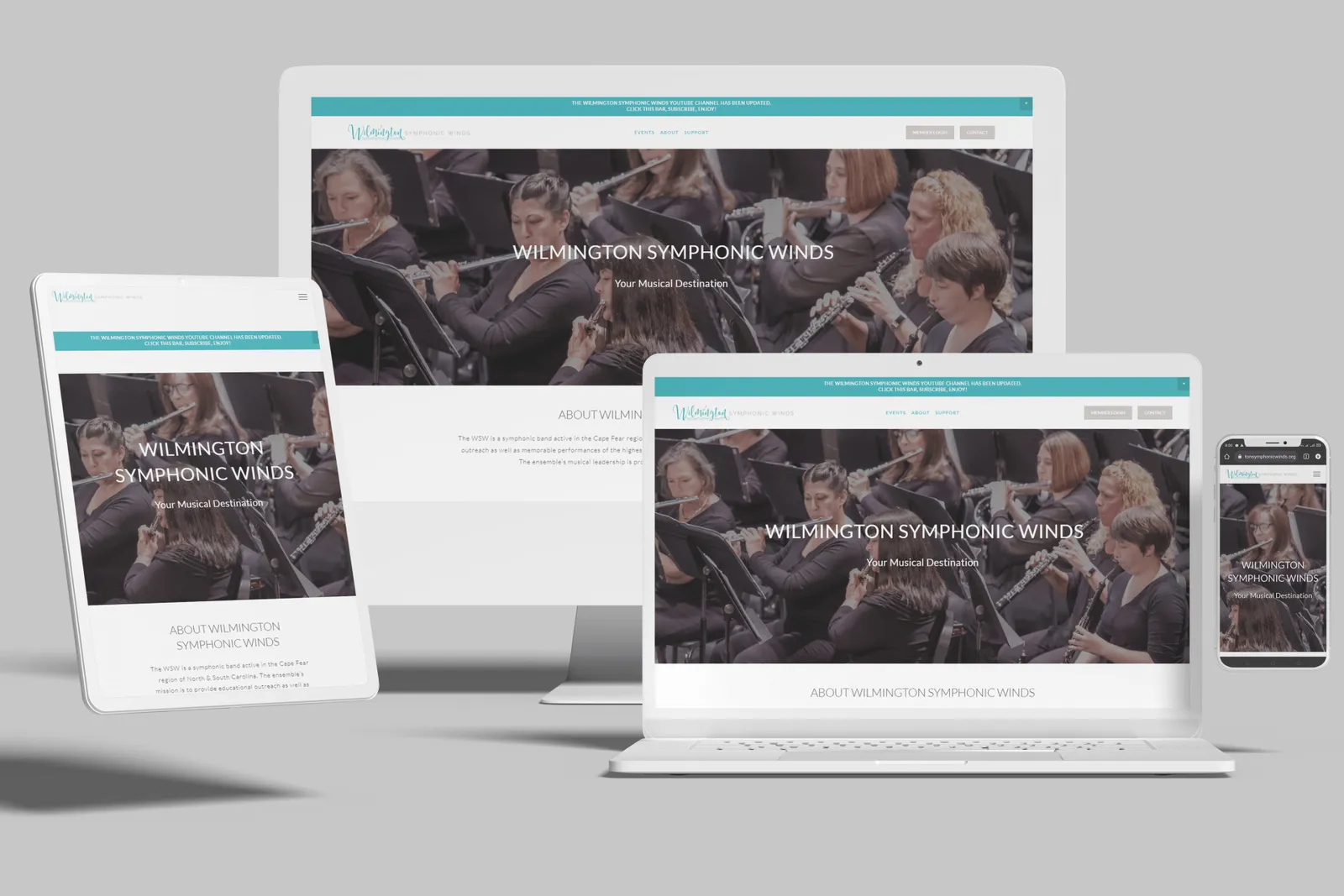 Symphonic band website shown on desktop, laptop, tablet and phone