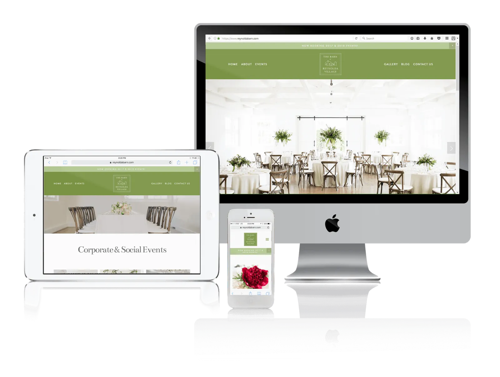 Wedding venue website shown on desktop, laptop, tablet and phone