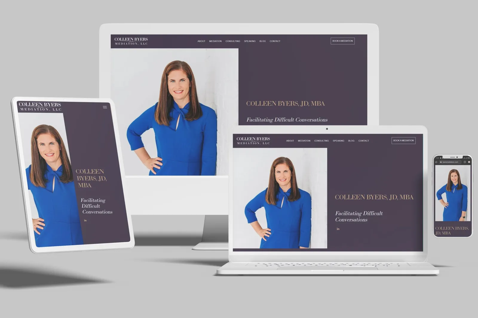 Mediation practice website shown on desktop, laptop, tablet and phone