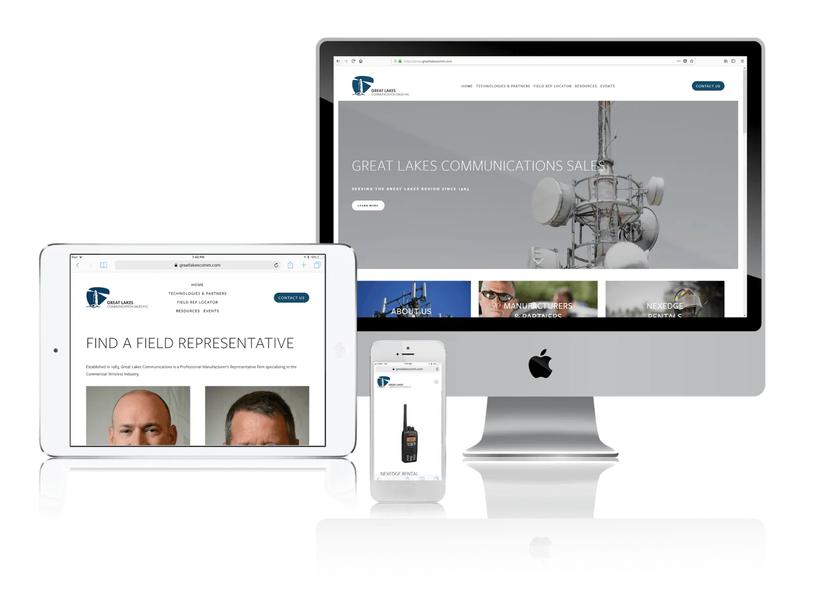 Wireless communications company website shown on desktop, laptop, tablet and phone
