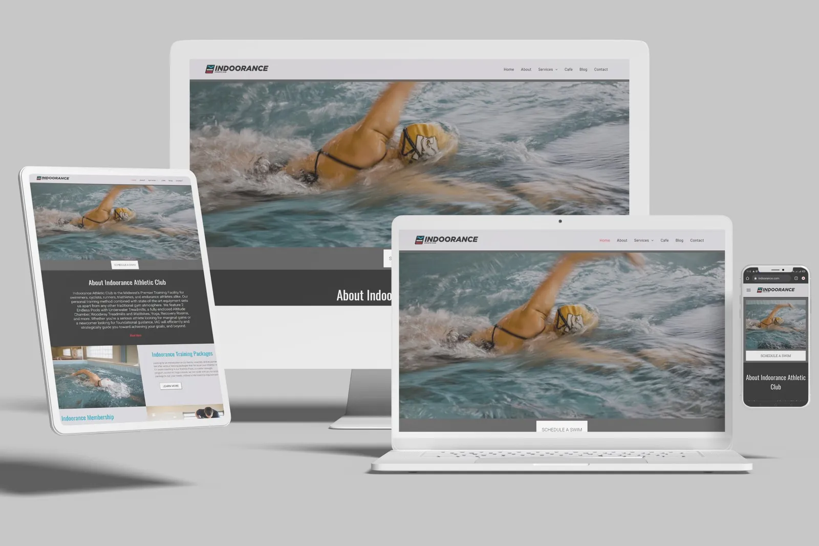 Athletic club website shown on desktop, laptop, tablet and phone