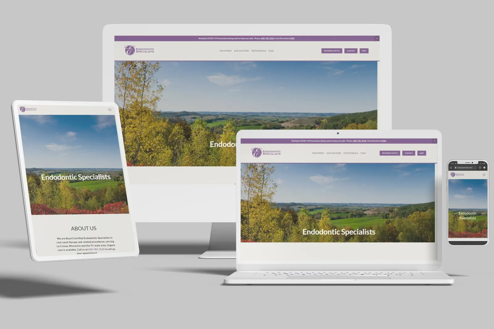 Endodontic practice website shown on desktop, laptop, tablet and phone