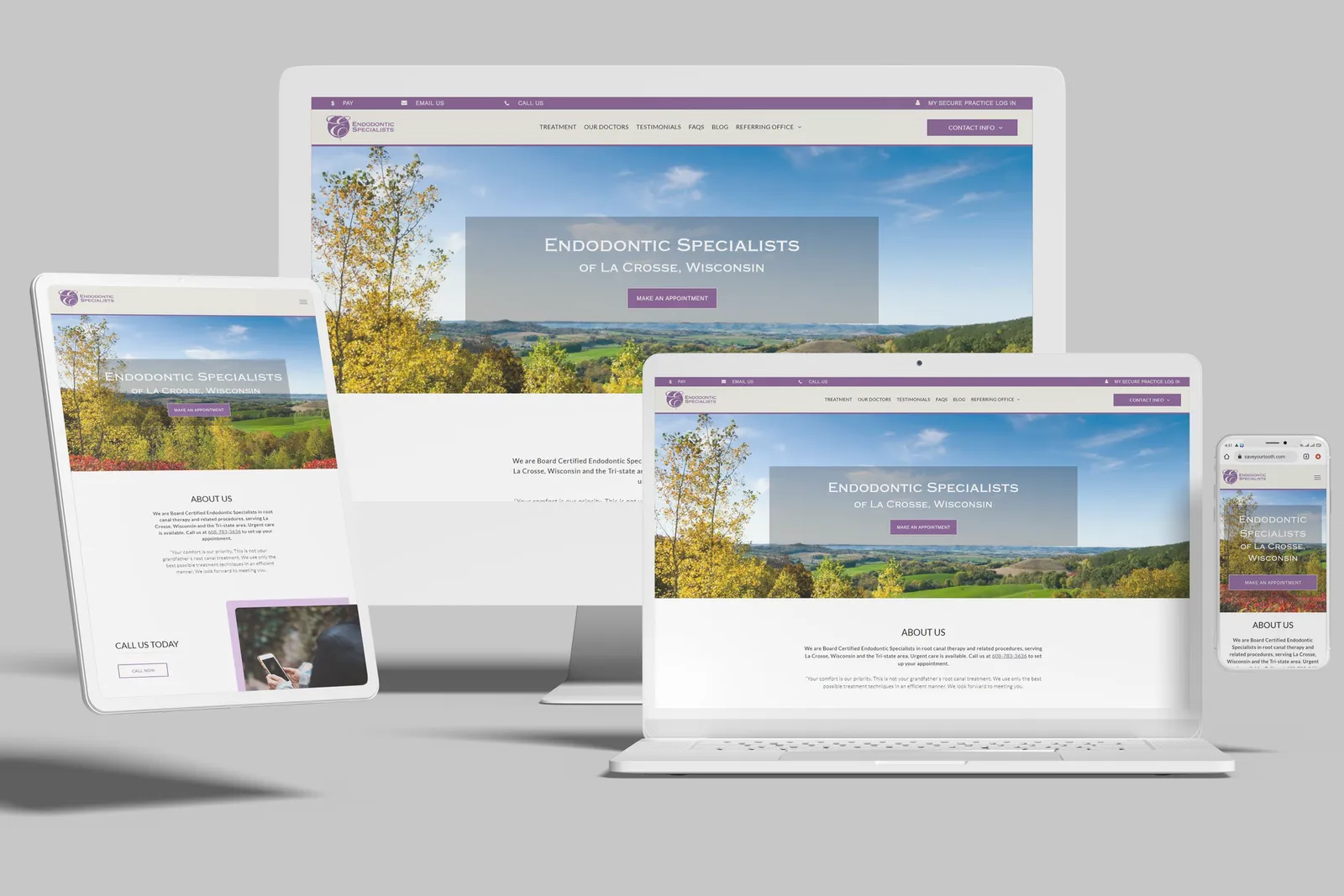 Endodontist website shown on desktop, laptop, tablet and phone