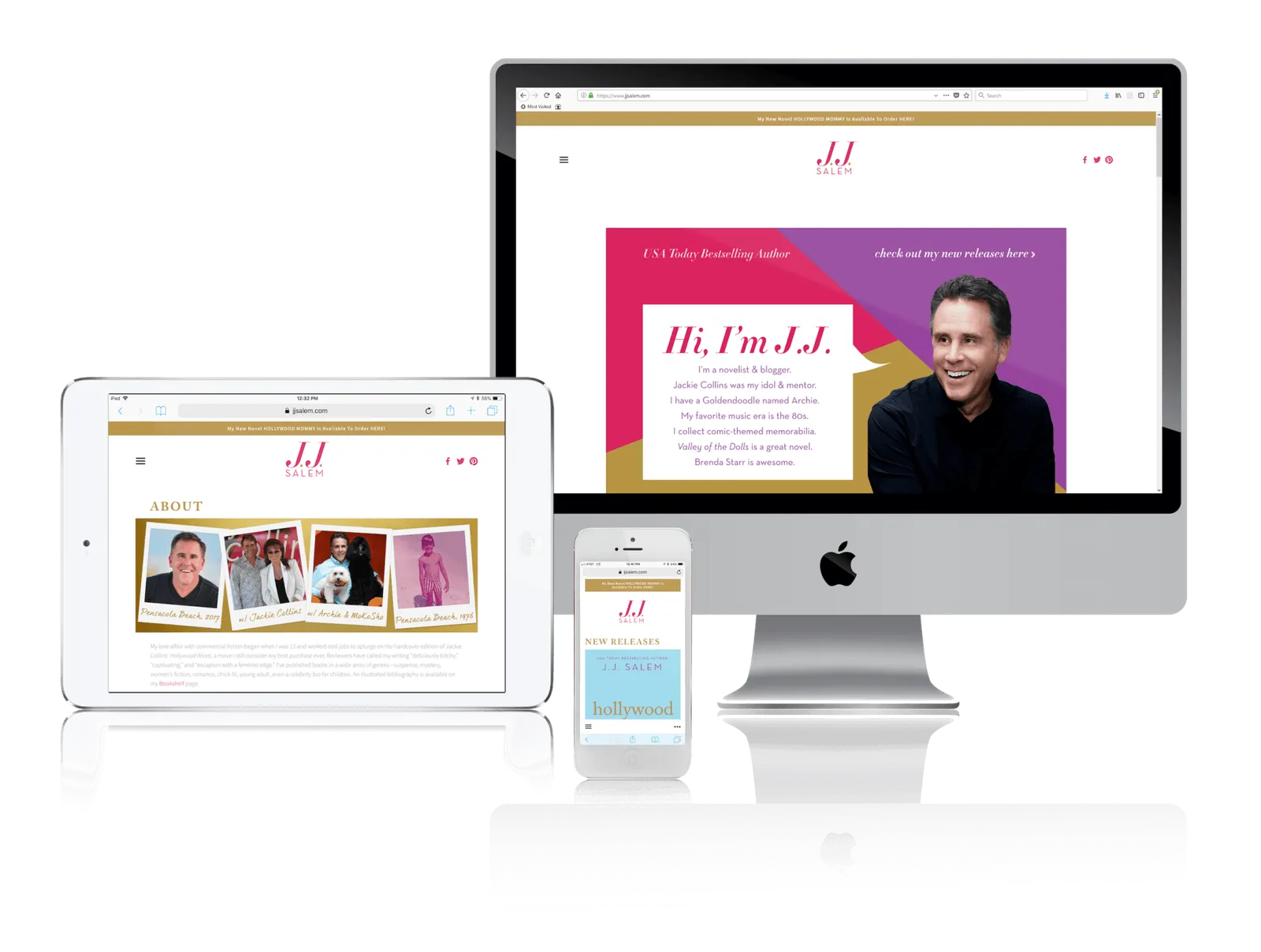 Women's fiction author website shown on desktop, laptop, tablet and phone