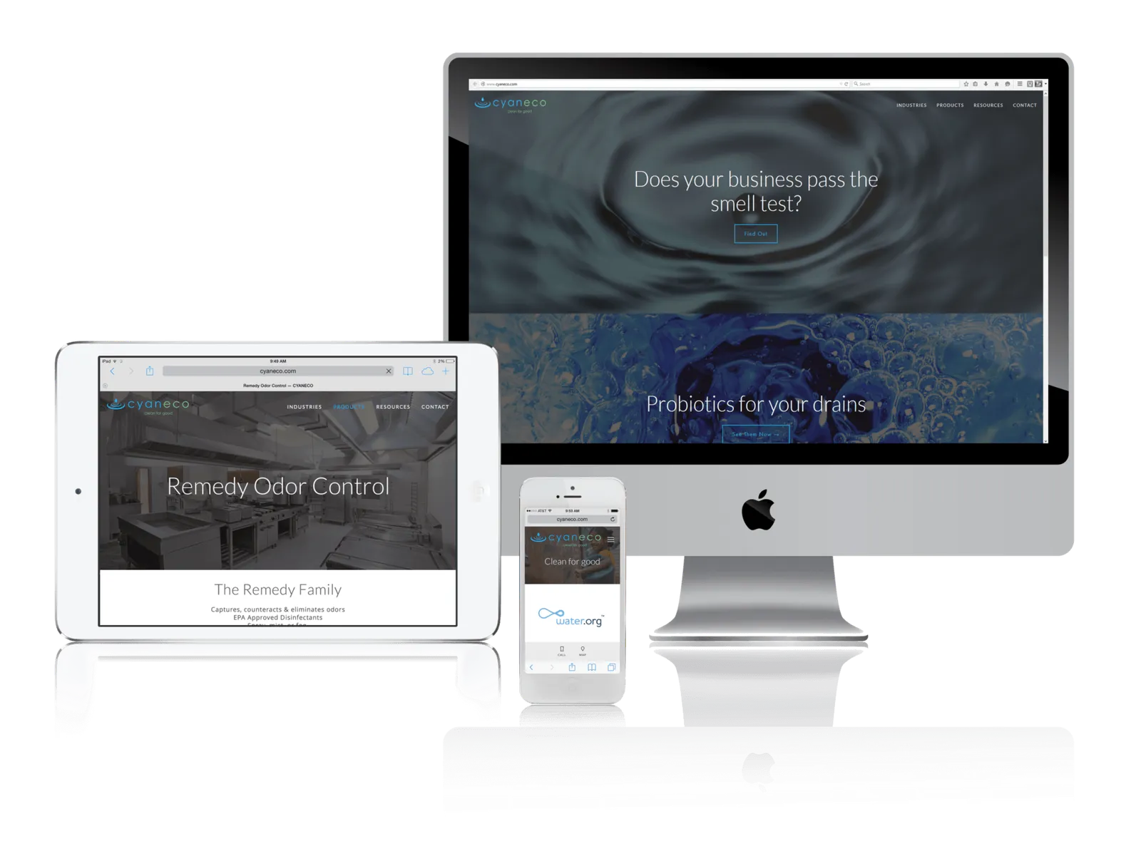Sanitation supply company website shown on desktop, laptop, tablet and phone