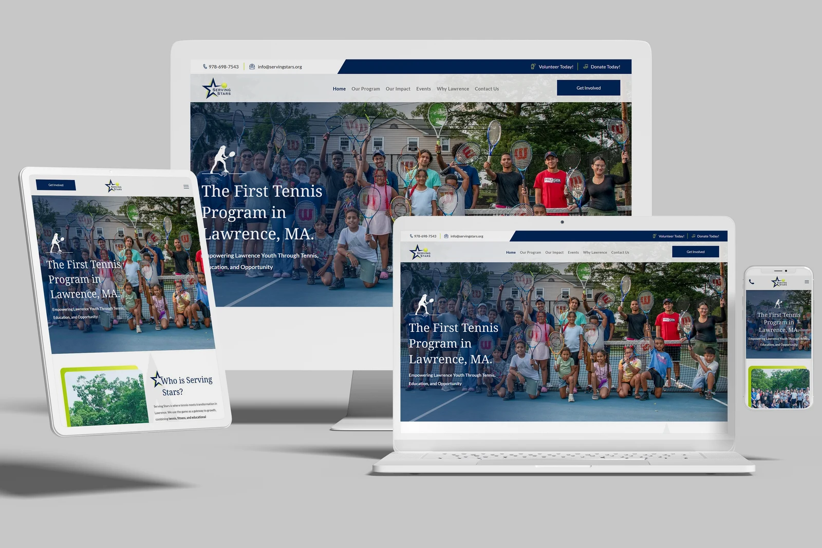 Youth tennis program website shown on desktop, laptop, tablet and phone